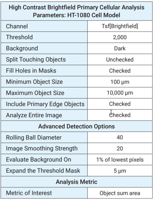 HT-1080单元的高对比度基于亮场的对象掩码分析参数。